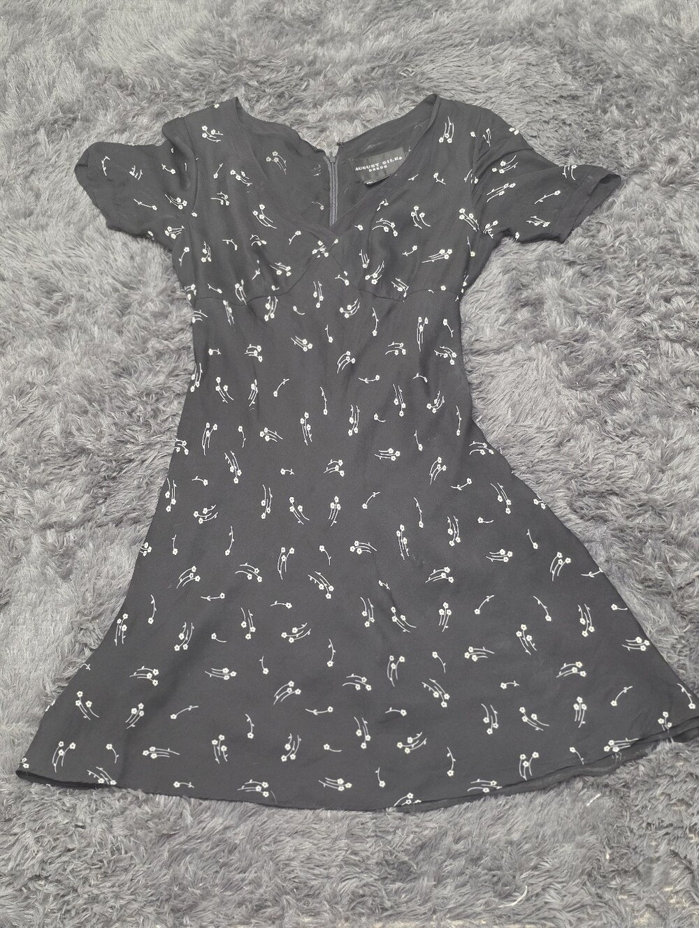 August Silk- 100 % Silk Black Floral Print A-Line Dress. Size 8